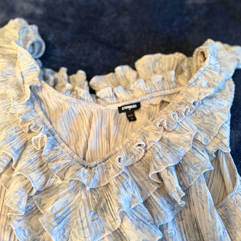 Express Blue and White Sleeveless Ruffled Blouse